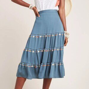 Anthropologie Dolan Left Coast // Blue Bianca Embroidered Tiered A Line Skirt XS